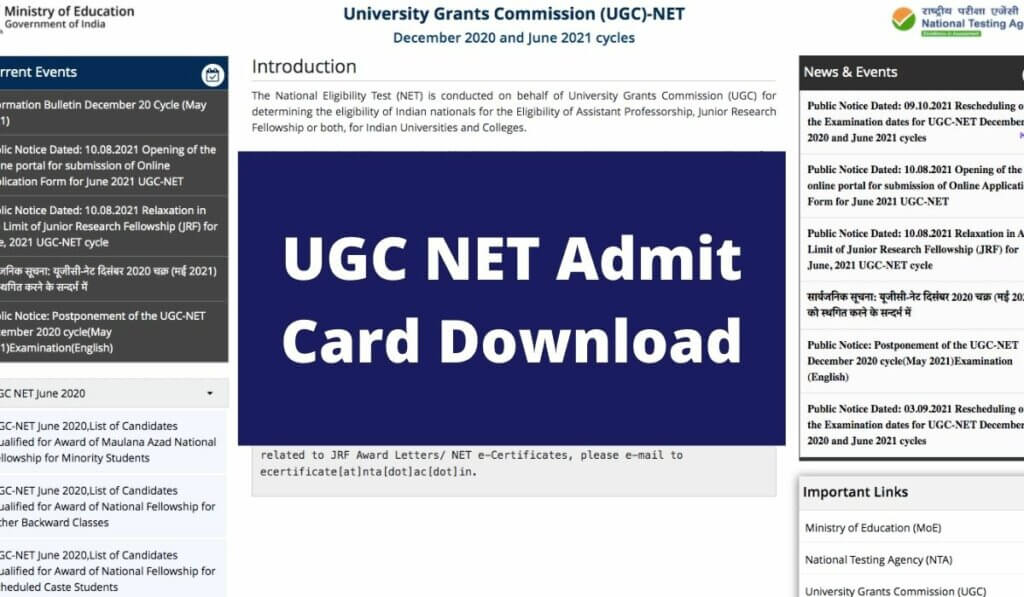 ugcnet.nta.nic.in Admit Card 2021 UGC NET Exam Direct Link Download