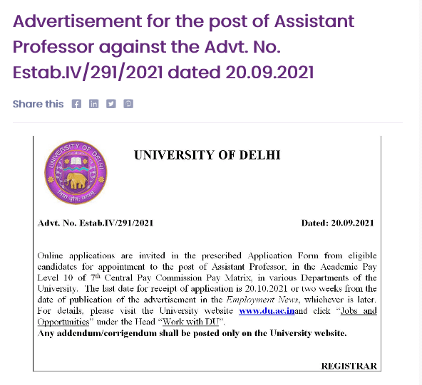 Delhi university Assistant professor recruitment