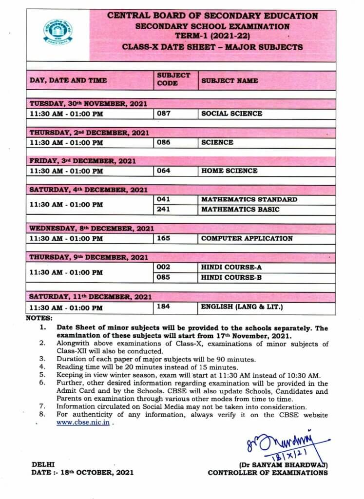 CBSE 10th Date Sheet 2022 Term 1 Exam Dates