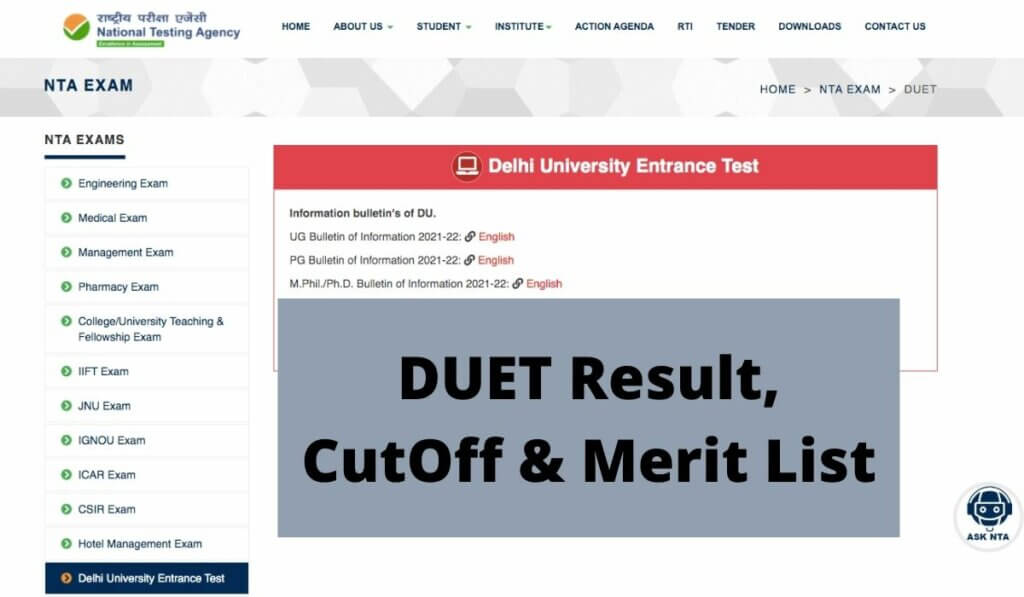DUET Result 2021 UG PG DU Entrance Exam Cut Off & Merit List