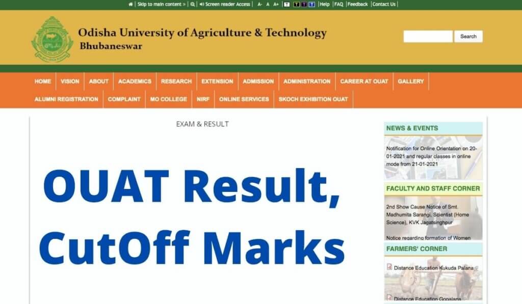 OUAT Result 2021 Entrance Exam CutOff Marks at www.ouat.nic.in