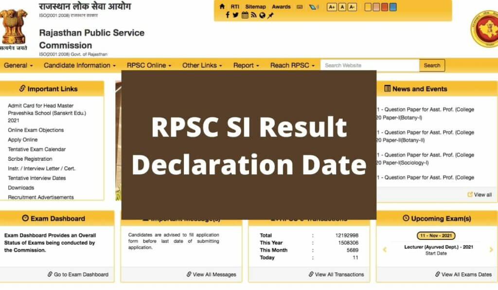 RPSC SI Result 2021 Declaration Date, Cut Off Marks & Merit List