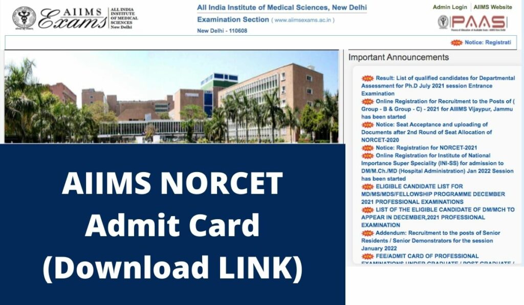 AIIMS NORCET Admit Card 2021 Download LINK for Nursing Officer Hall Ticket at aiimsexams.ac.in