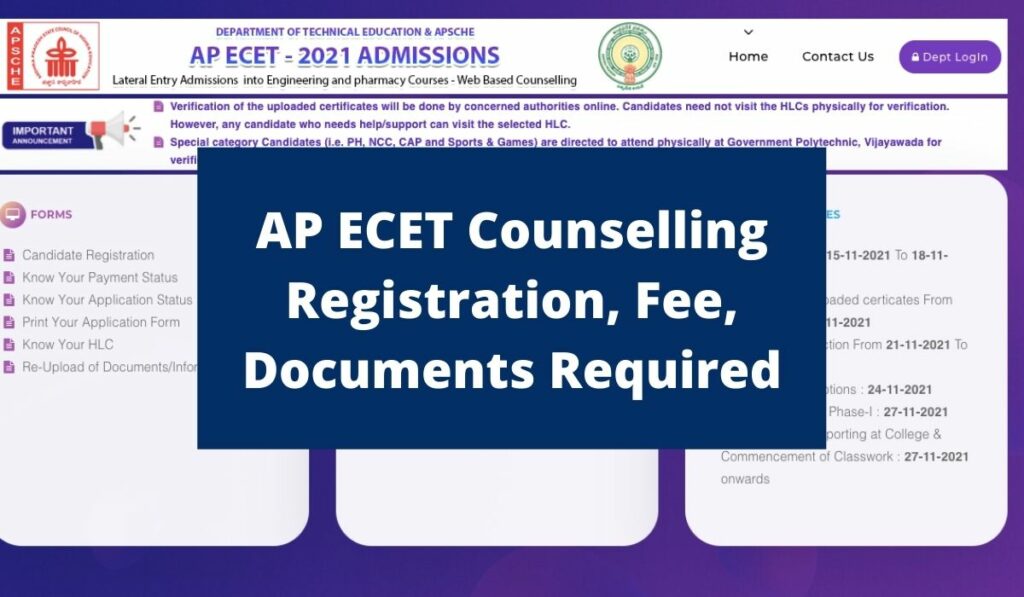 AP ECET Counselling Registration 2021, Eligibility Criteria, Fee, Document Required at ecet-sche.aptonline.in
