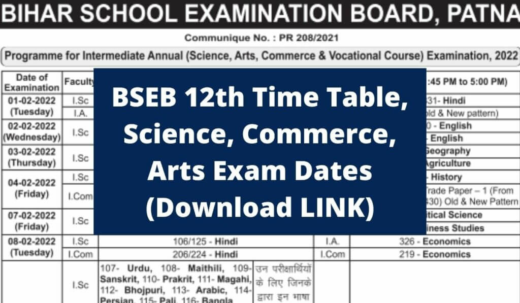 BSEB 12th Time Table 2022 Download Link for Science, Arts, Commerce Exam Dates