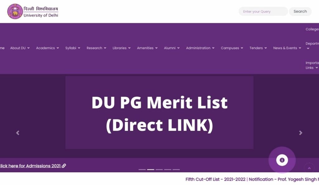 DU PG Merit List 2021 (Download LINK) at www.du.ac.in