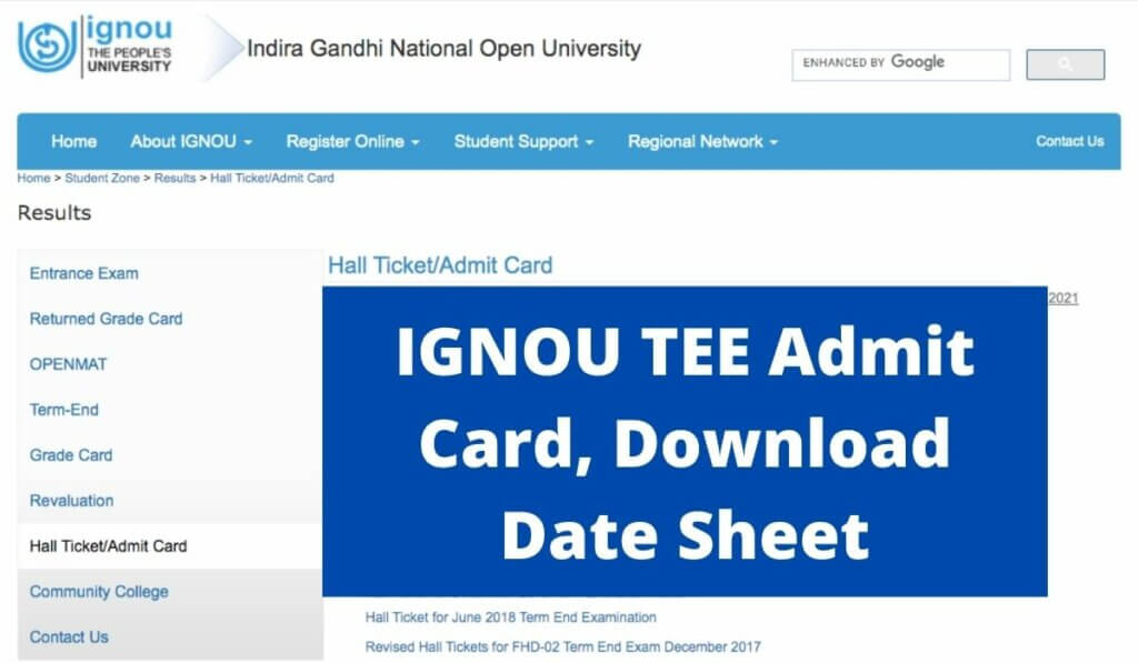 IGNOU TEE Admit Card 2021 (Direct LINK) December Exam Date Sheet Download