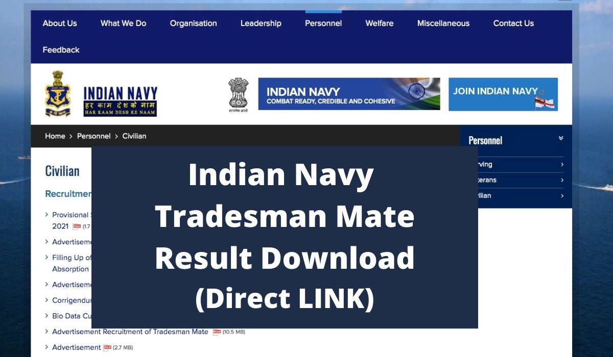 Indian Navy Tradesman Mate Result 2021 Declared Direct LINK at indiannavy.nic.in