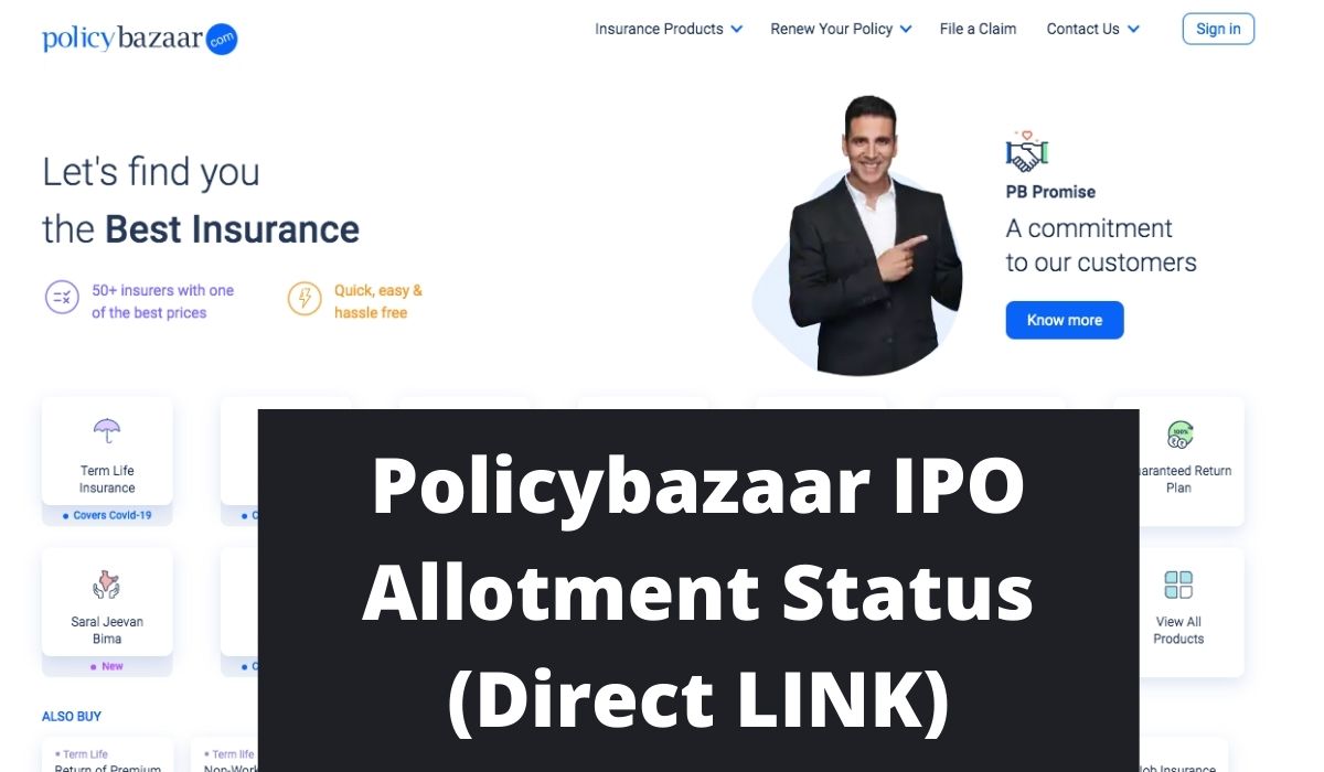 Policybazaar IPO Allotment Status (Direct LINK) at linkintime.co.in & www.bseindia.com