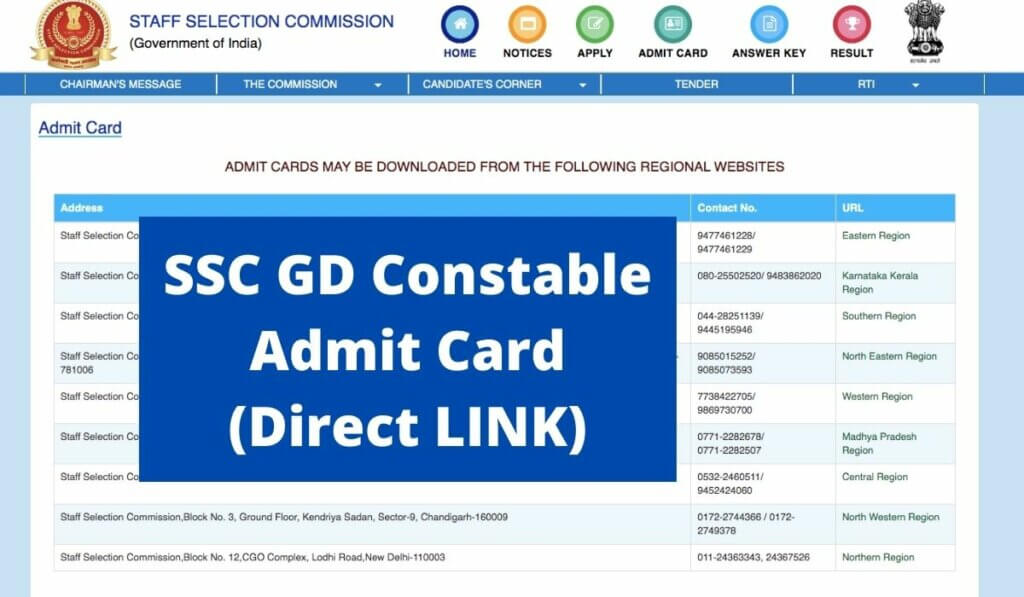 SSC GD Constable Admit Card 2021 Download Direct LINK Region Wise at ssc.nic.in