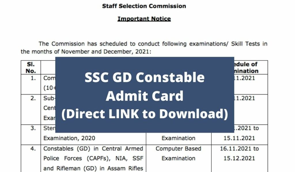 SSC GD Constable Admit Card 2021 Download Direct LINK Region Wise at ssc.nic.in