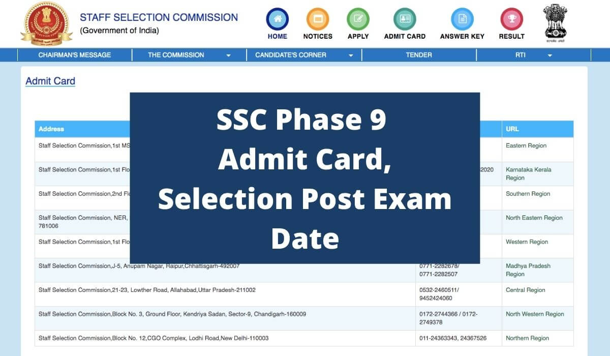 SSC Phase 9 Admit Card 2021 (Download Link) Selection Post Exam Date Latest News