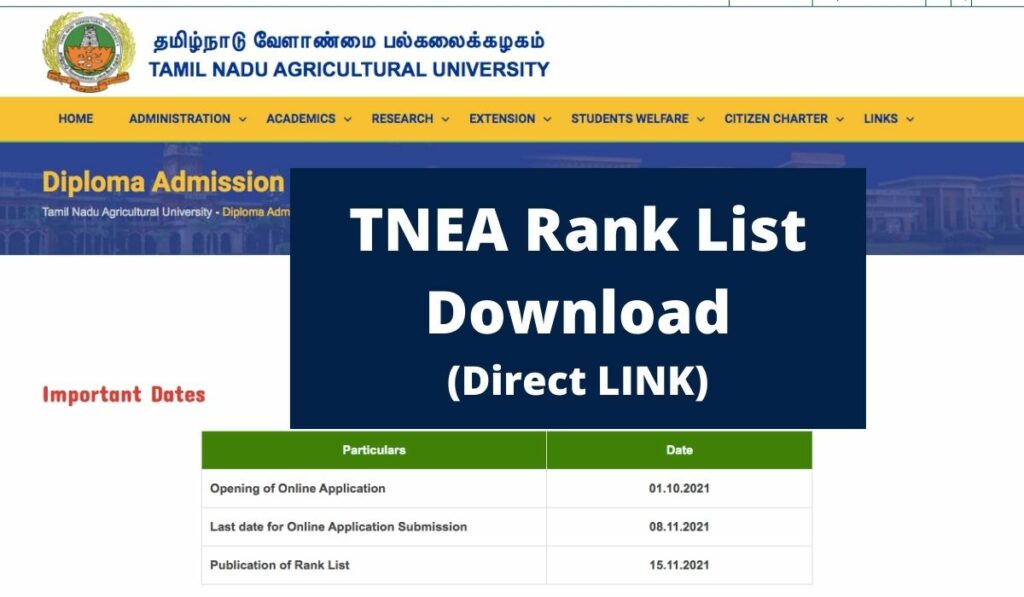 TNAU Diploma Rank List 2021 Direct LINK to Download at www.tnau.ac.in