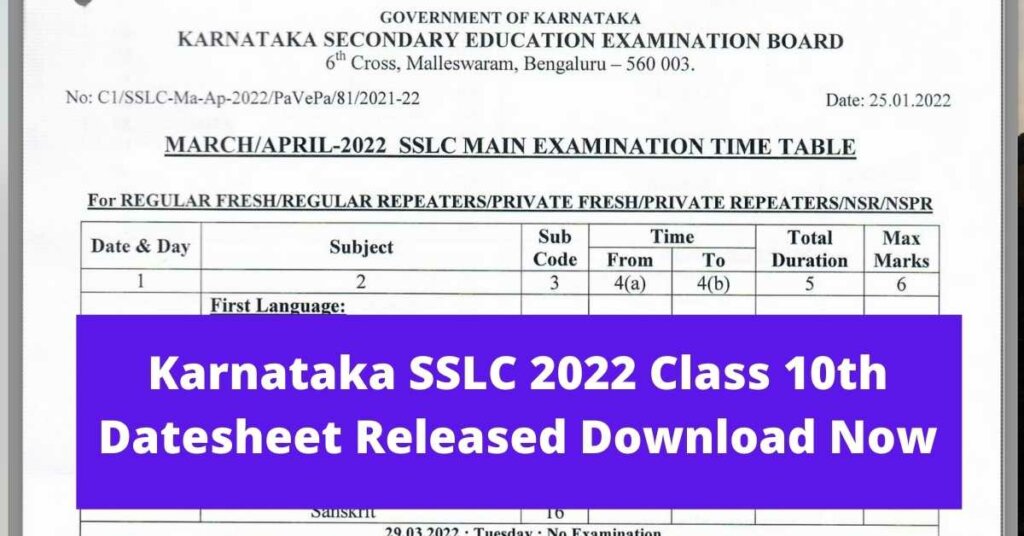 Karnataka SSLC 2022 Class 10th Datesheet, Download Timetable SSLC.karnataka.gov.in