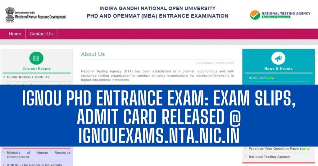 ignouexams.nta.nic.in PhD entrance exam Admit Card Released