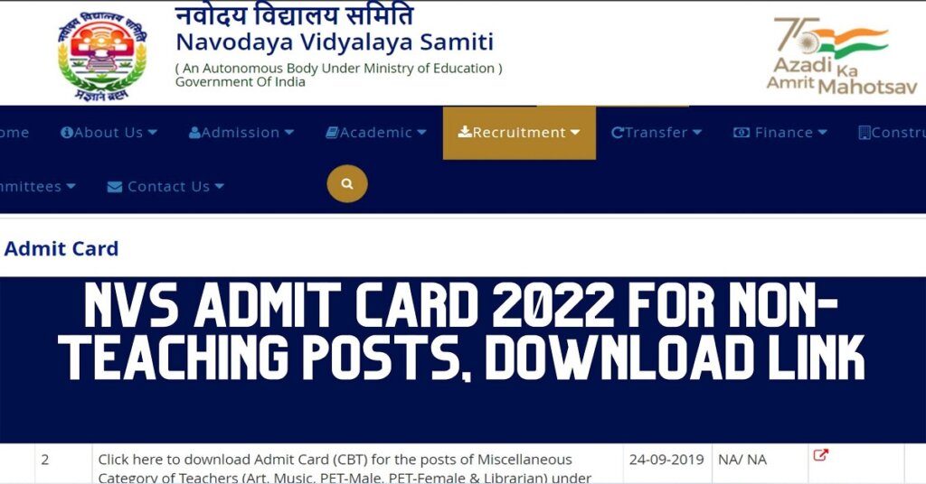NVS Admit Card 2022 for Non-Teaching Posts, Download Link