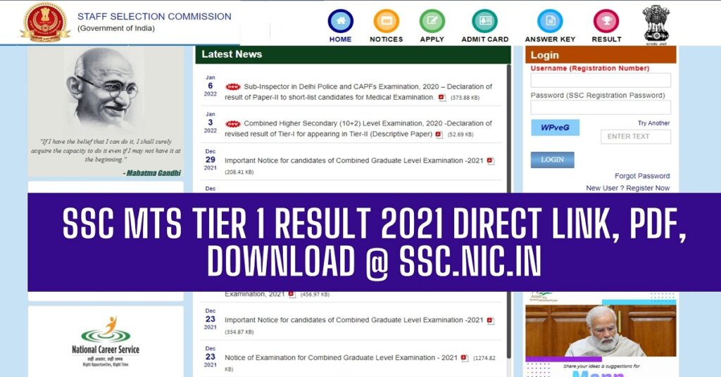 SSC MTS Tier 1 Result 2021 Merit List Direct Link @ ssc.nic.in