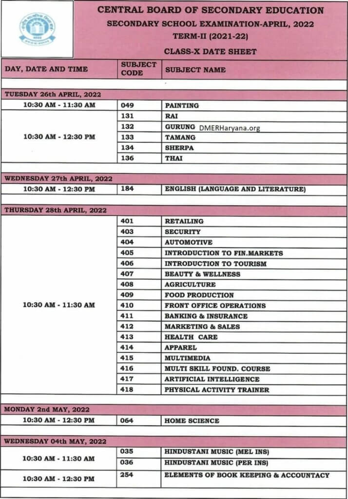 CBSE Class 10 Term 2 Timetable