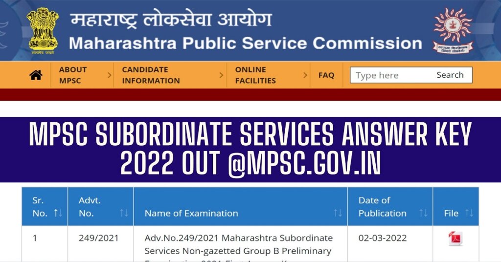 MPSC Subordinate Services Answer Key 2022 Out @mpsc.gov.in