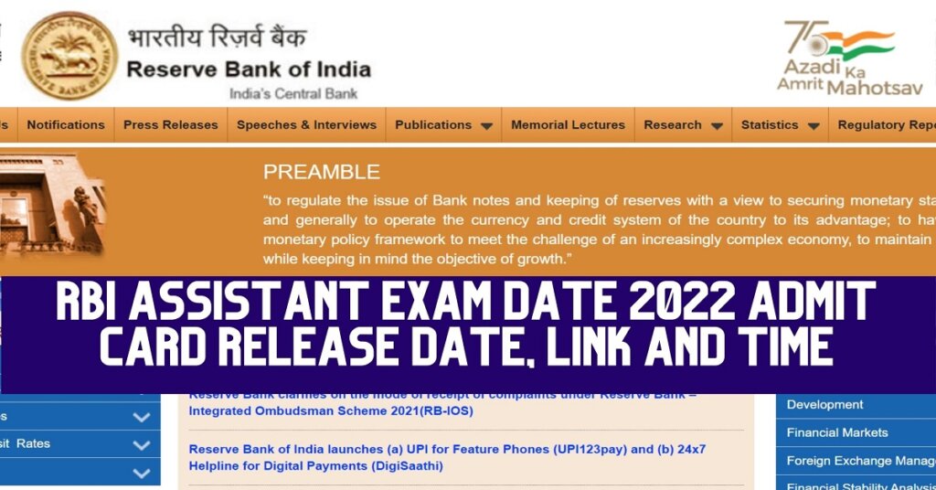 RBI Assistant Exam Date 2022 Admit Card Release Date, Link and Time