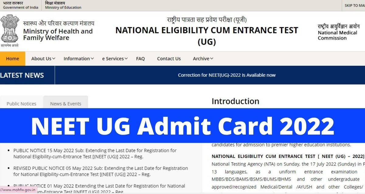 neet.nta.nic.in NEET UG Admit Card 2022, Hall Ticket Download Link