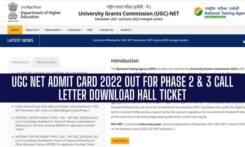 UGC NET Admit Card 2022,Phase 2 & 3 Hall Ticket 