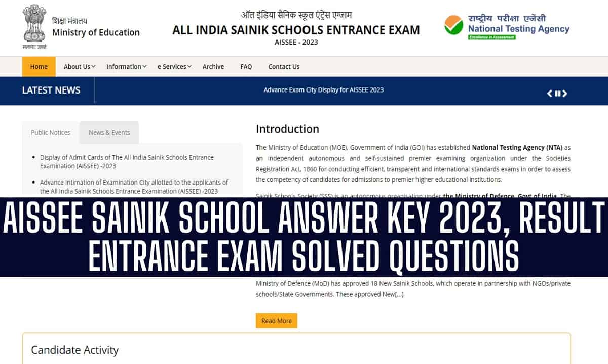 Sainik School AISSEE Answer key 2023,Class 6th & 9th Released @aissee.nta.ac.in