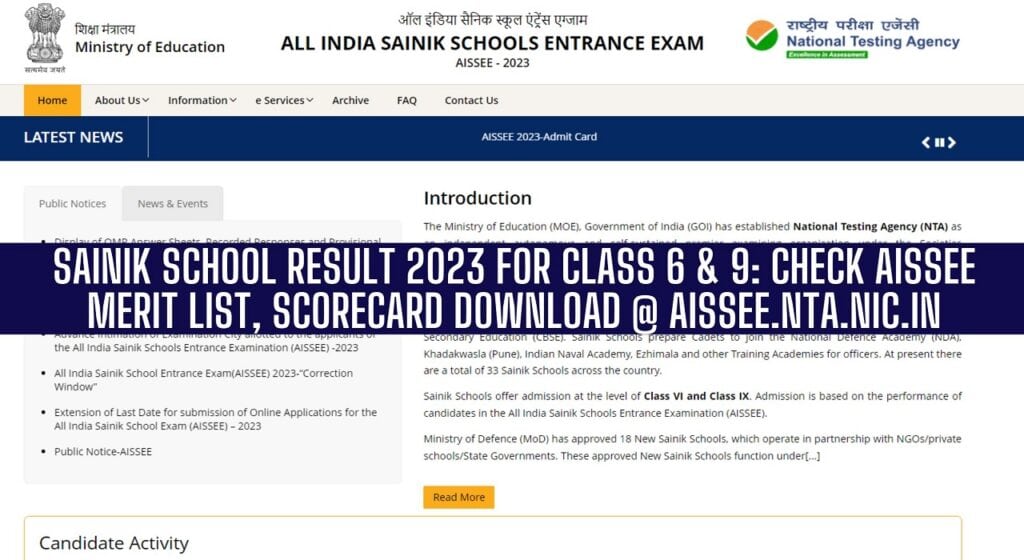 Aissee.nta.nic.in Sainik School Result 2023,Class 6 & 9, Download PDF