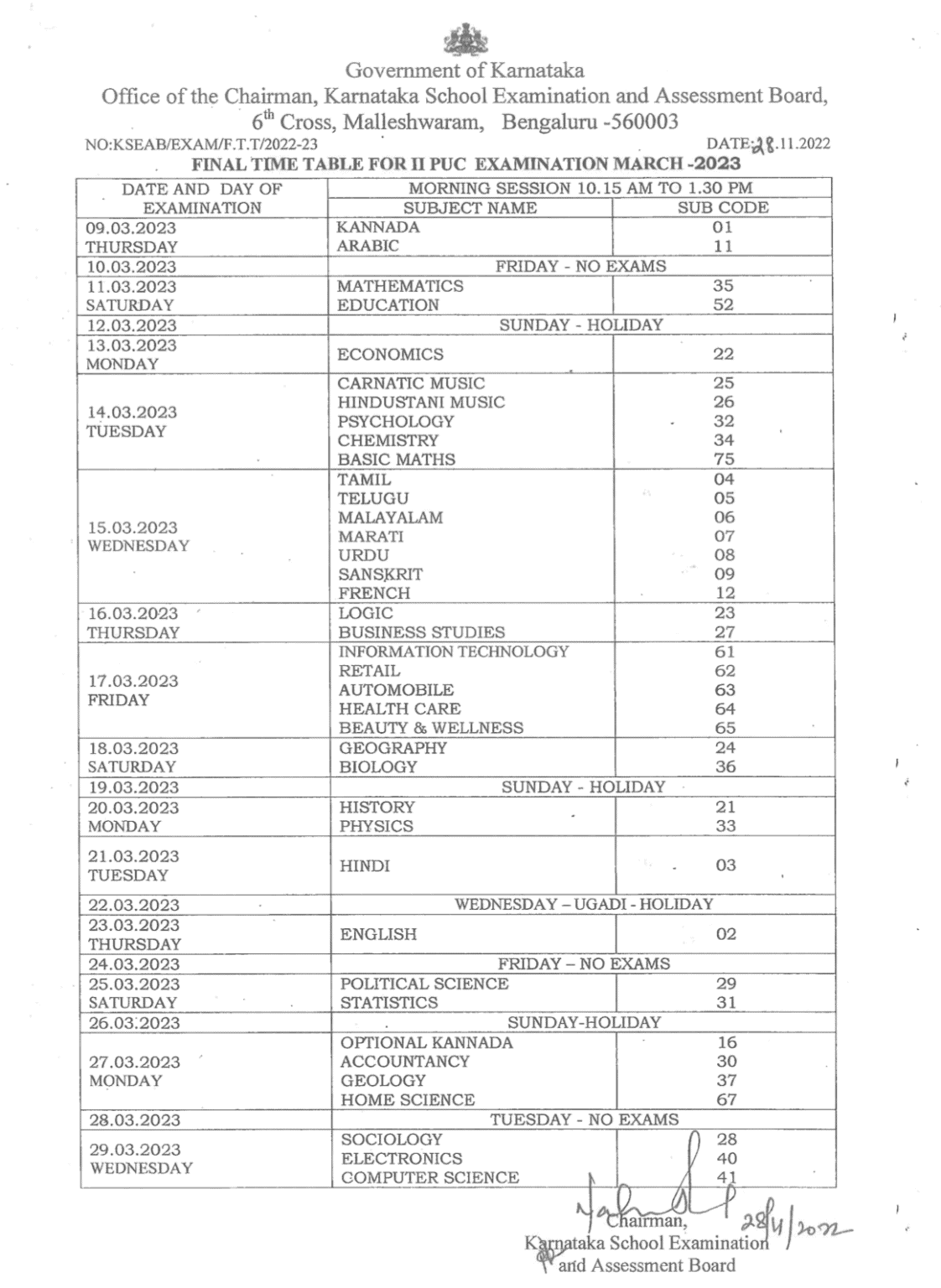 Karnataka 2nd PUC Time Table 2023 Exam date Pdf Download pue